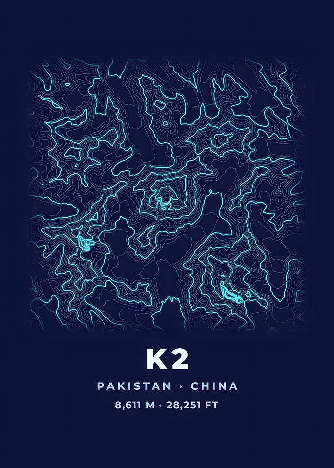 K2 Topographic Map Neon Blue Poster