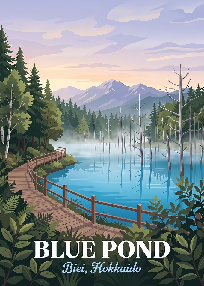 Blue Pond Biei Hokkaido Travel Poster