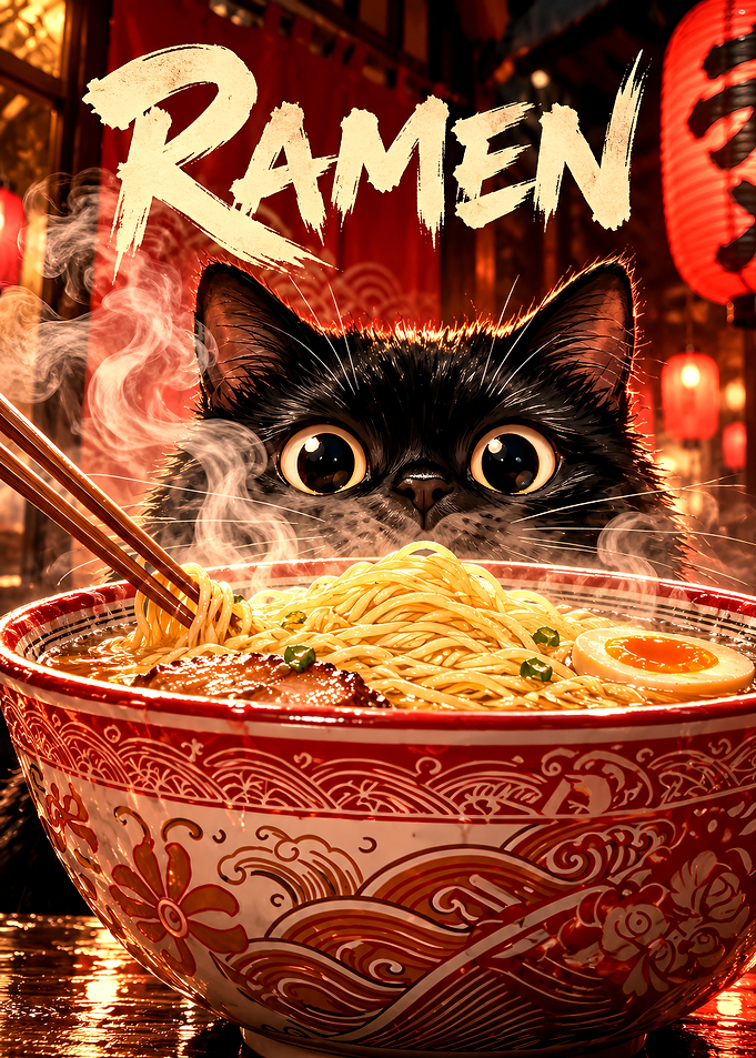 Cute Black Cat Eating Ramen