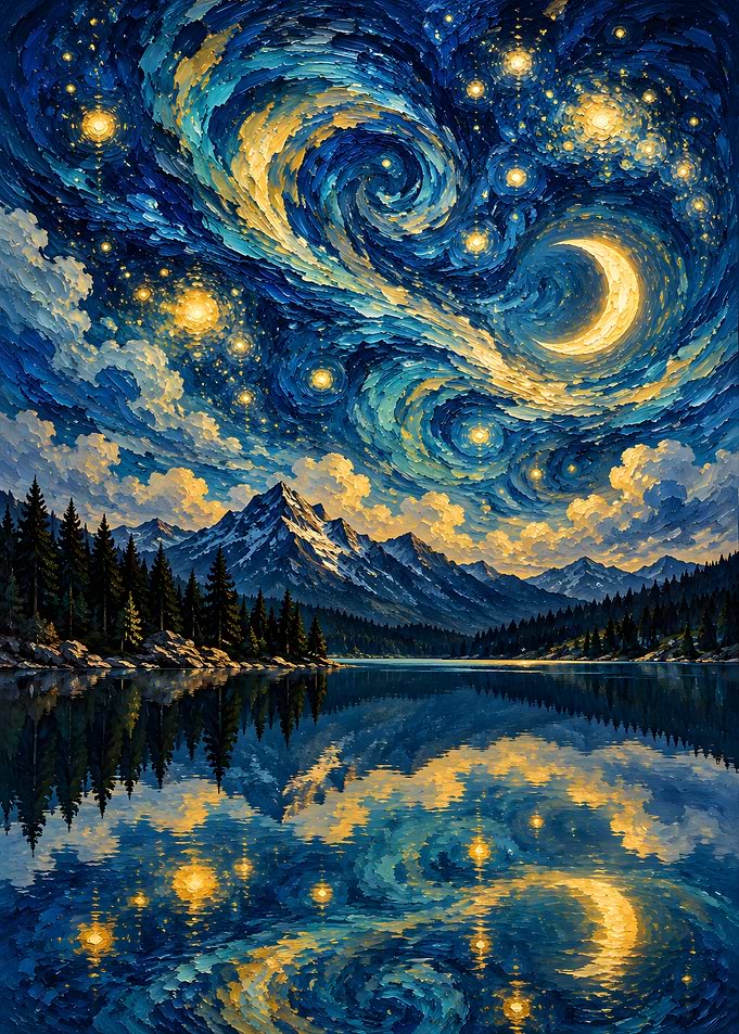 Starry Night Mountain Lake Reflection