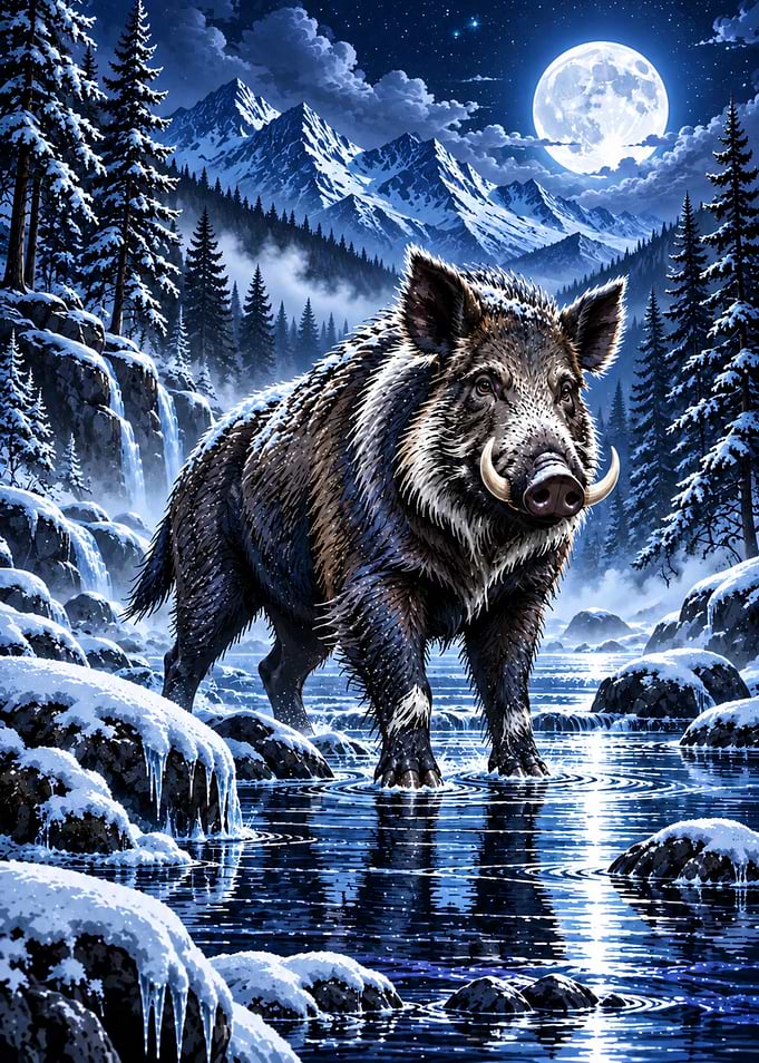 Wild Boar in Snowy Mountain Stream