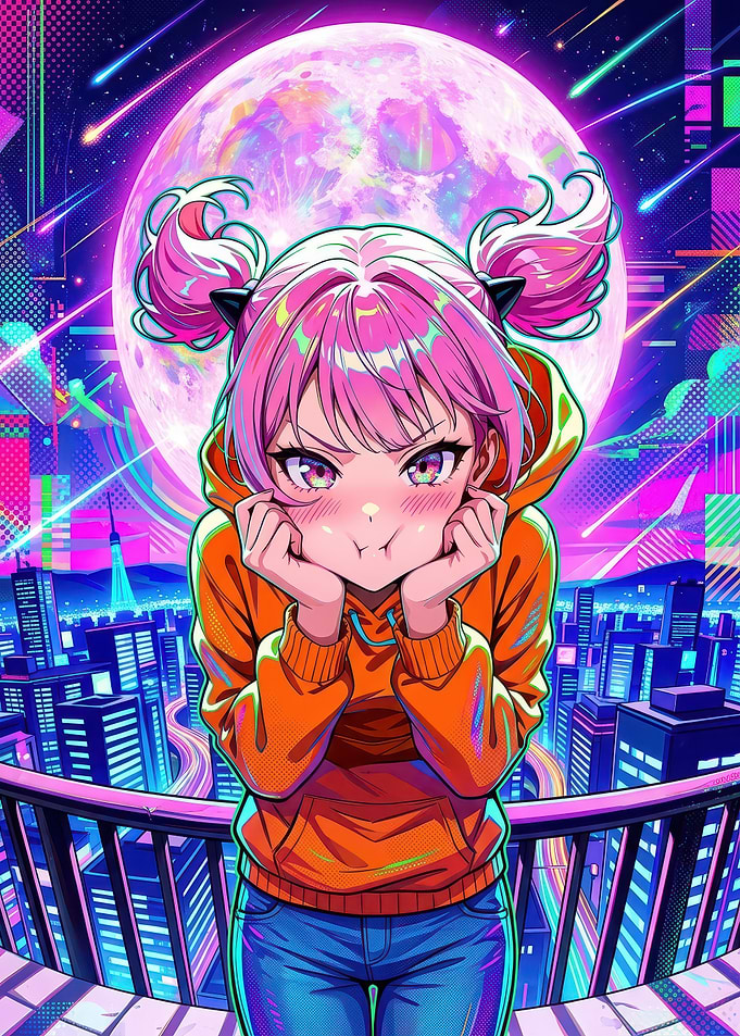 Cute Girl Pouting in Neon City anime-style