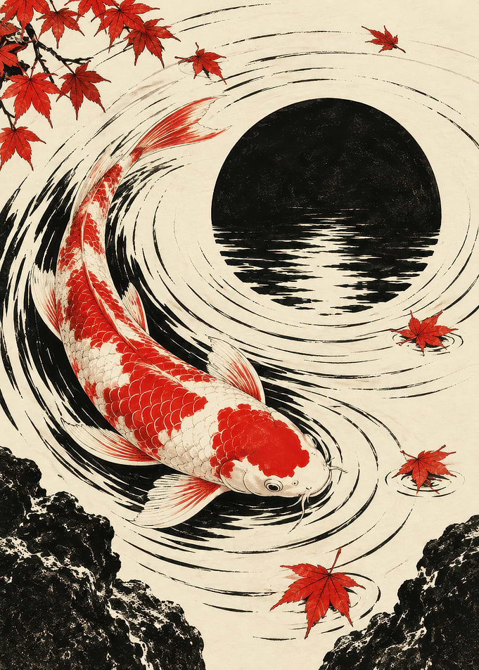 Koi Fish and Maple Leaves Illustration