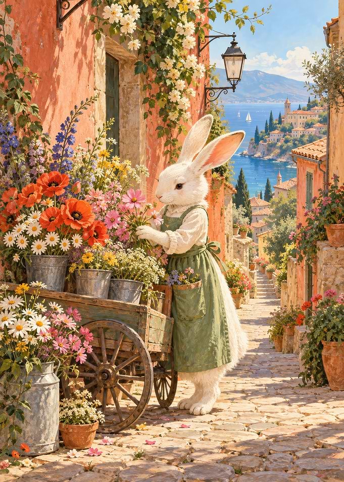 Anthropomorphic Rabbit Arranging Flowers in Italy