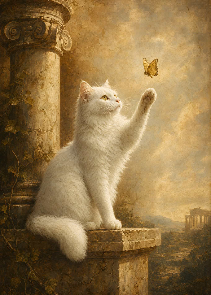 White Cat Reaching for a Butterfly