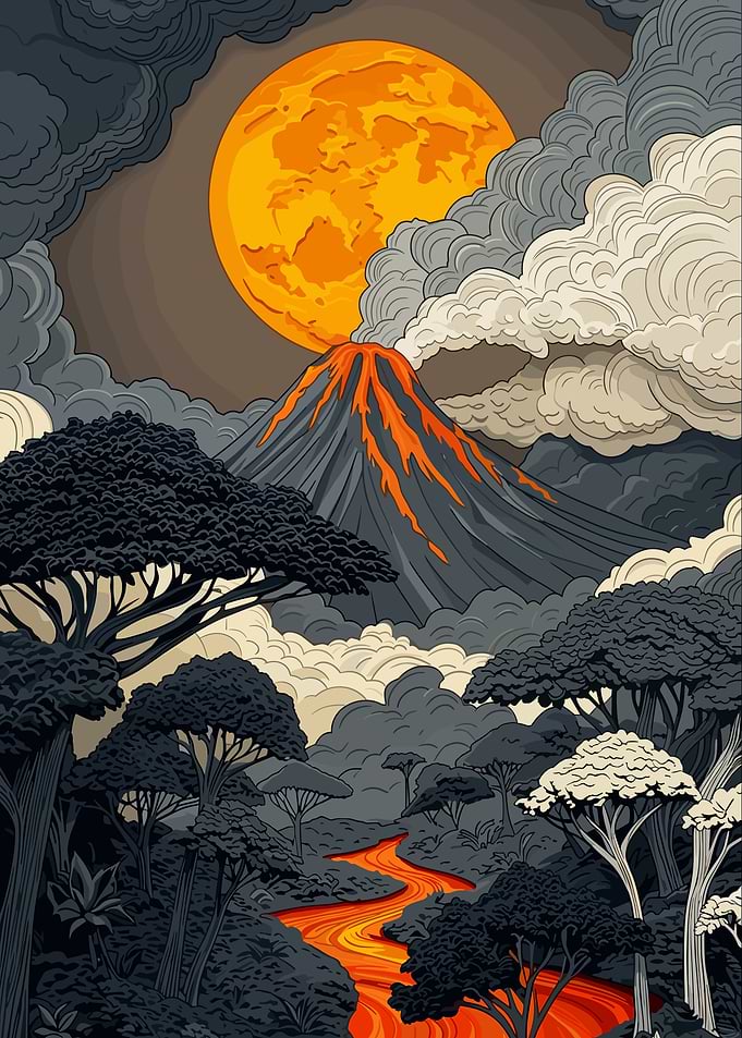Volcanic Eruption Under a Glowing Moon