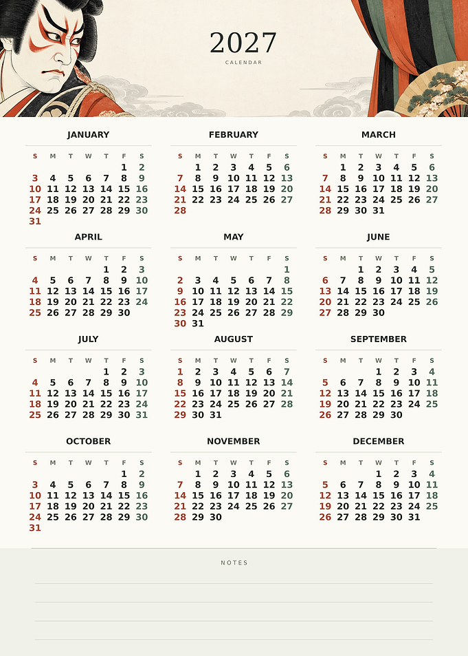 2027 Kabuki Themed Wall Calendar