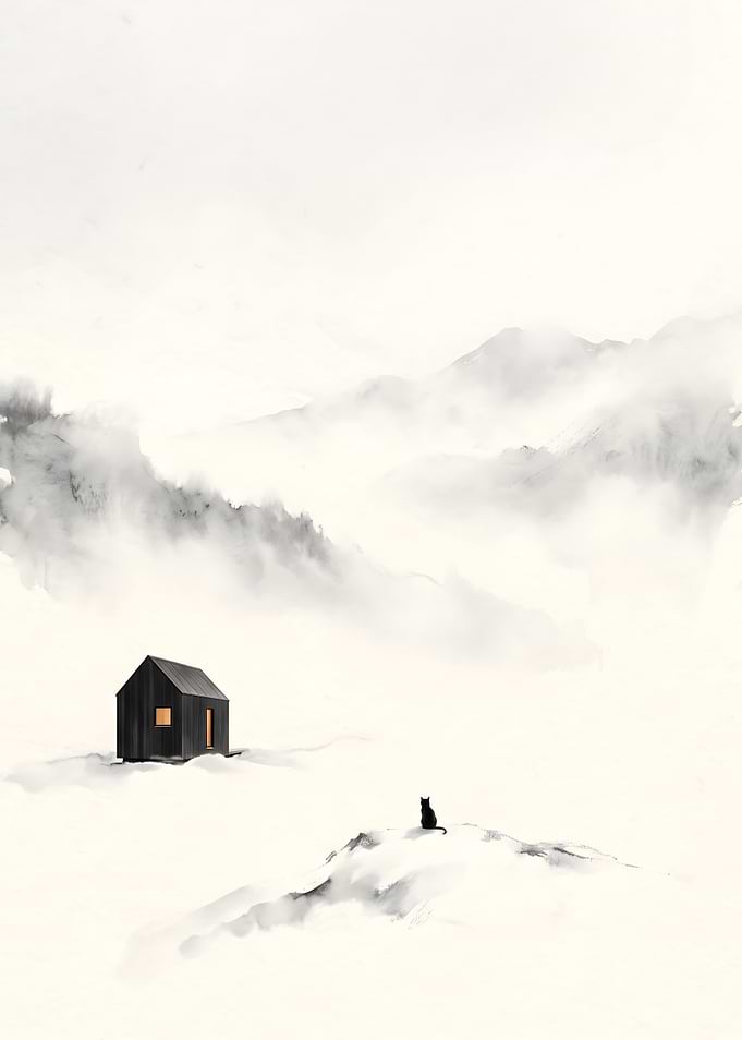 Minimalist Cat and Cabin Snow Mountain Wall Art