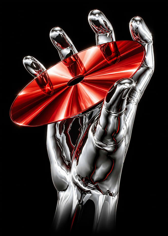 Chrome Robotic Hand Holding Red Disc
