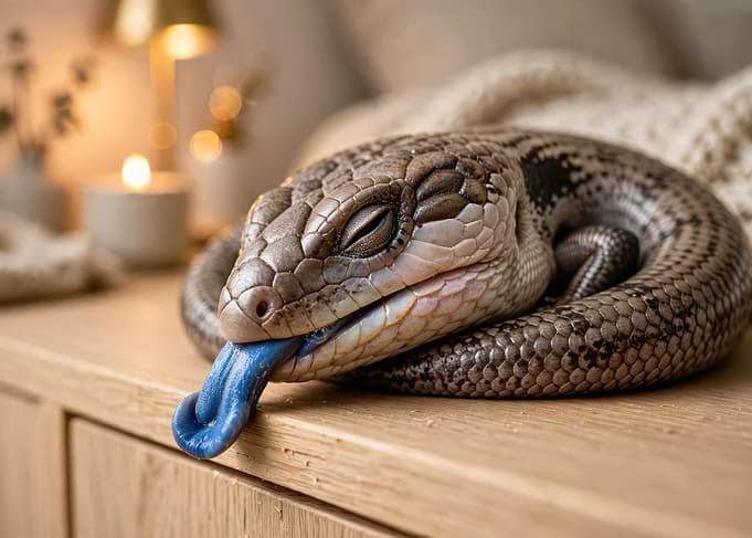 Blue-Tongued Skink Resting on Furniture