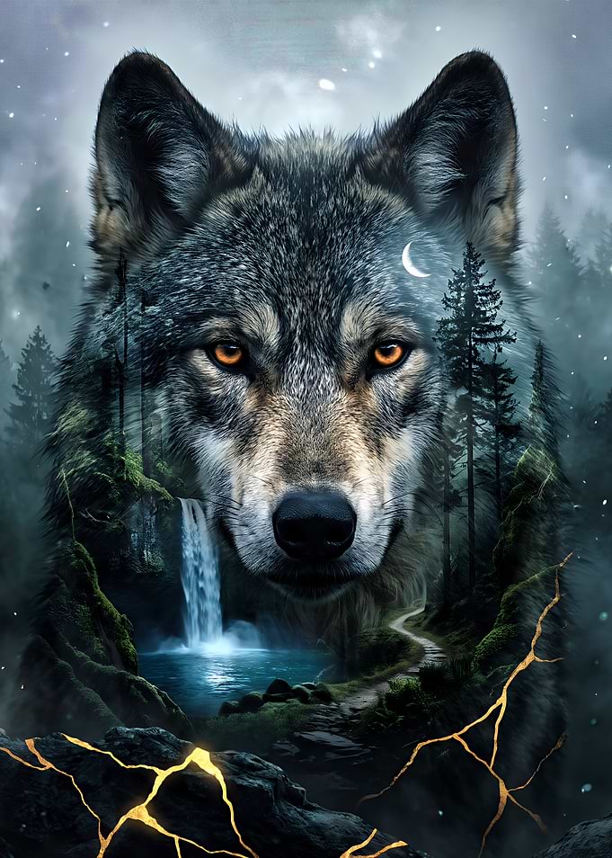 Double Exposure Wolf Forest Landscape