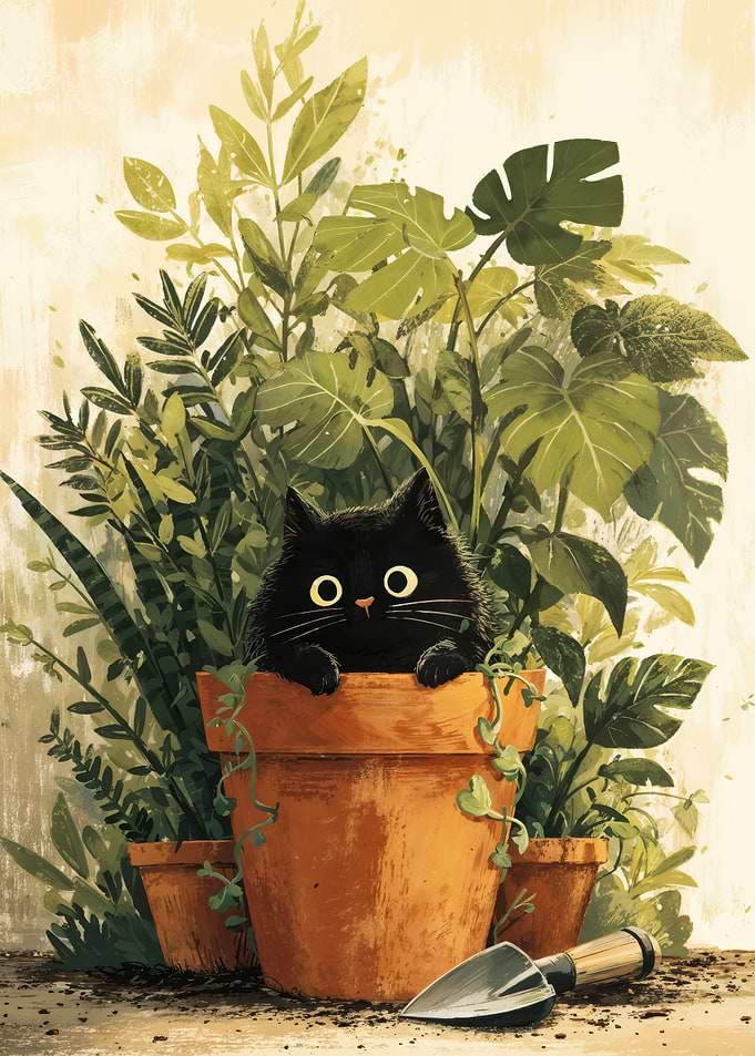 Black Cat Hiding Inside Terracotta Plant Pot
