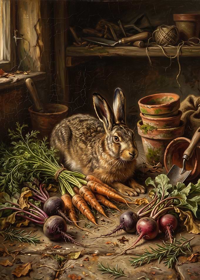Rabbit Resting Among Garden Harvest