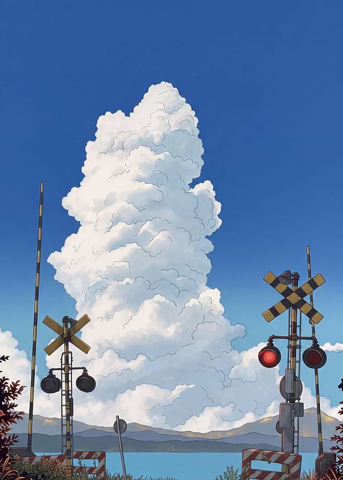 Nihonga Railroad Crossing Under the Summer Thundercloud