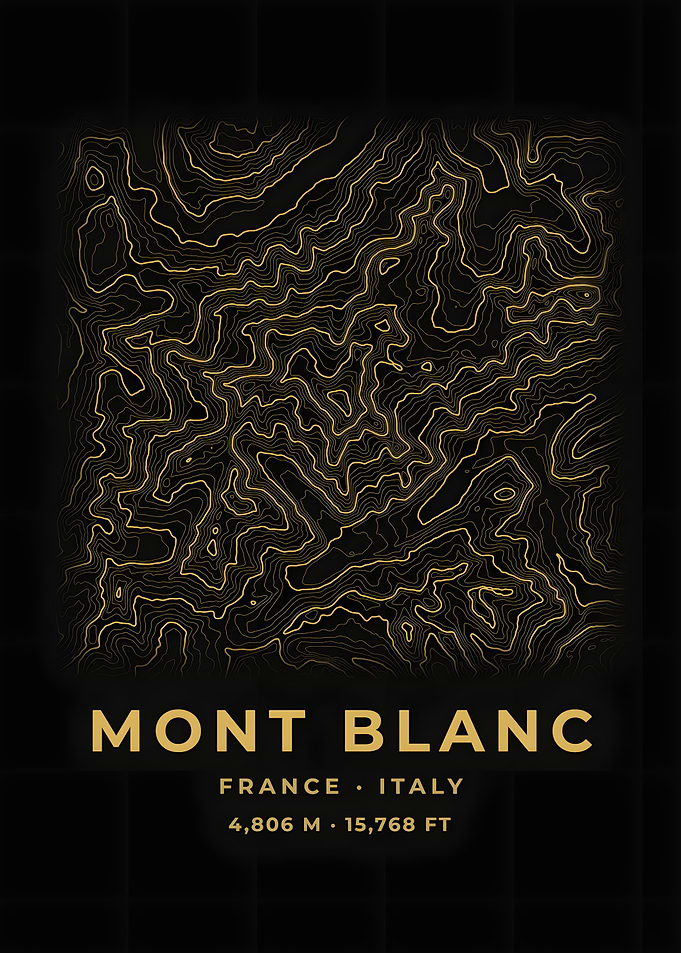 Mont Blanc Topographic Map Black Gold Poster
