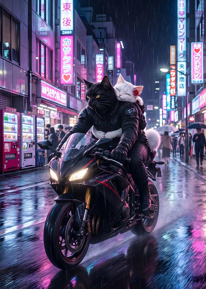 Cats Riding a Motorcycle in Tokyo
