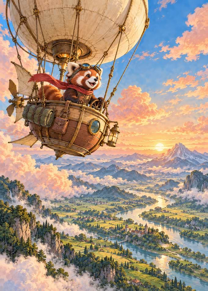 Red Panda Flying Steampunk Hot Air Balloon