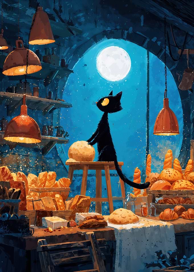 Black Cat Baker In Moonlit Cozy Bakery