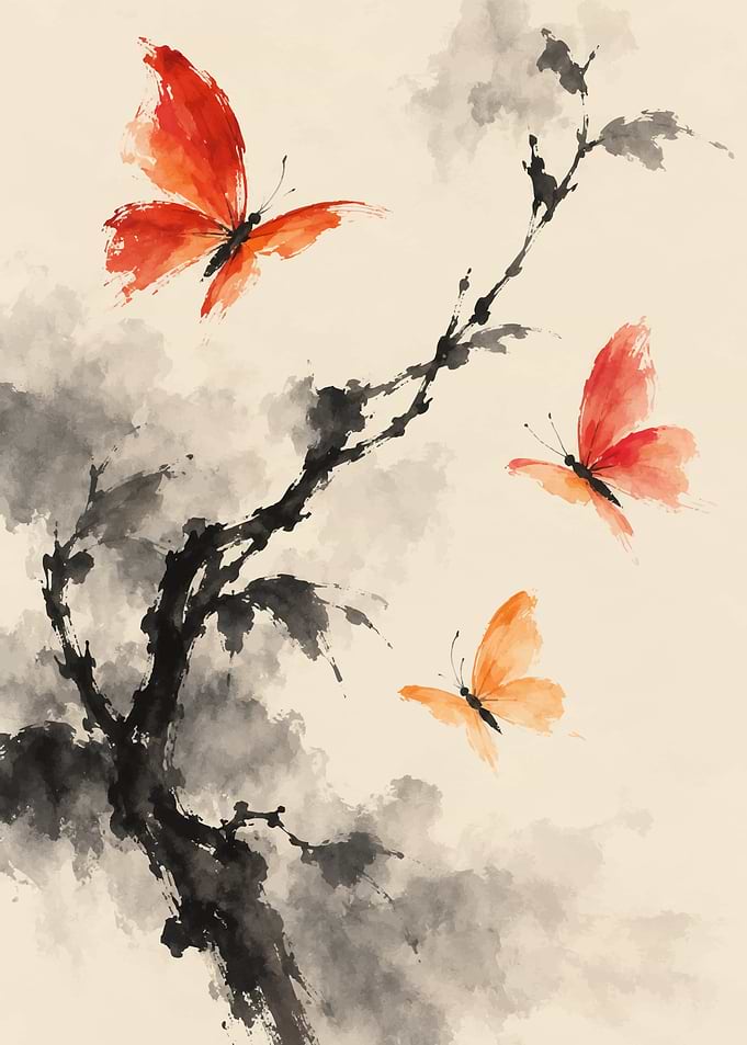 Watercolor Butterflies and Ink Branch