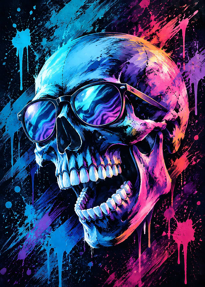 Colorful Neon Skull with Sunglasses