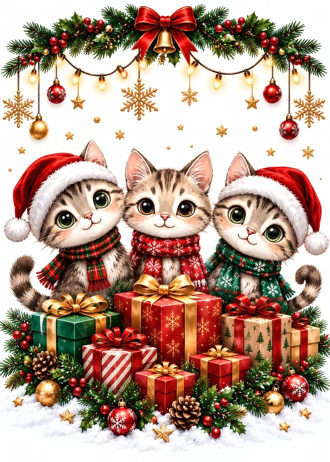 Three Cute Kittens with Christmas Gifts