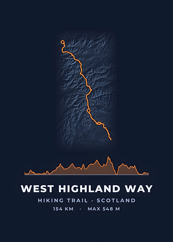 West Highland Way Hiking Trail Map Midnight Blue Print