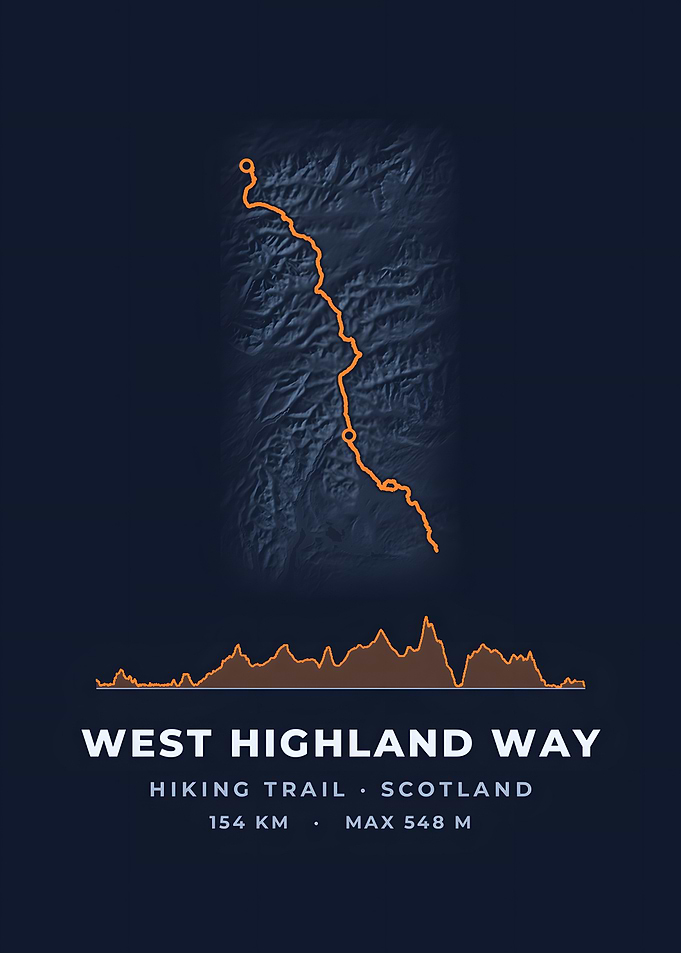 West Highland Way Hiking Trail Map Midnight Blue Print