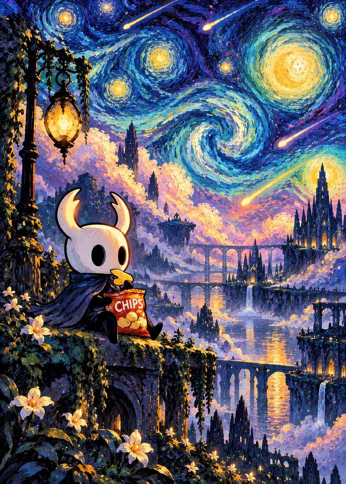 Hollow Knight Eating Chips Starry Night