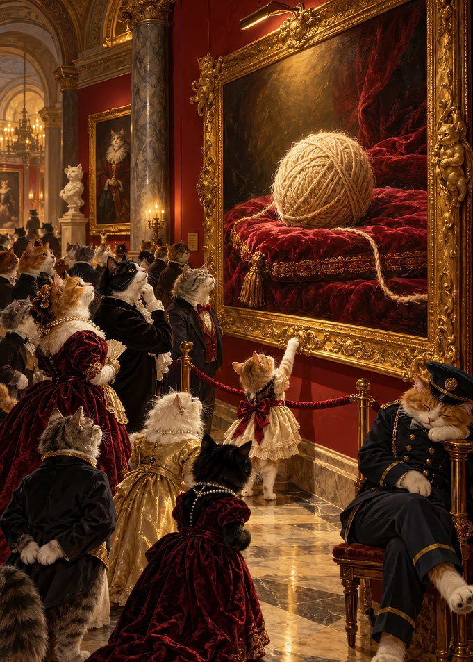 Cats Admiring Yarn Art in Gallery
