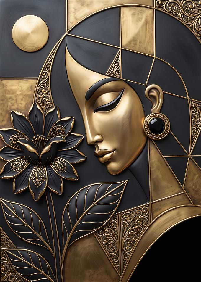 Elegant Gold and Black Floral Portrait