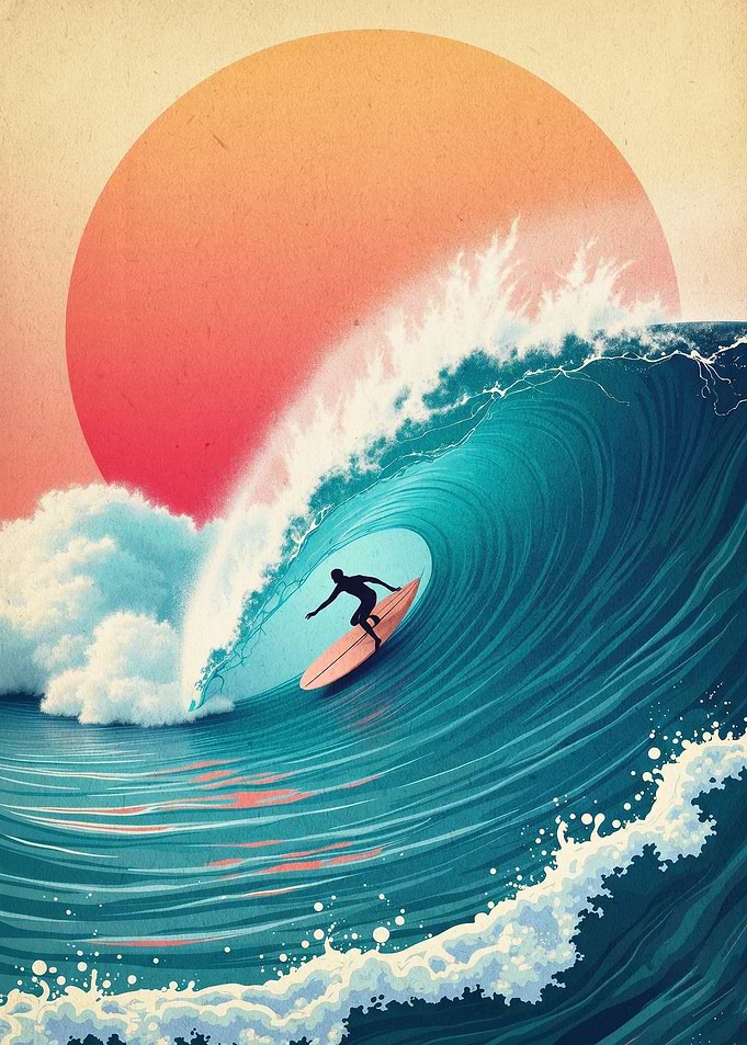 Surfer Wave Sun Retro Art