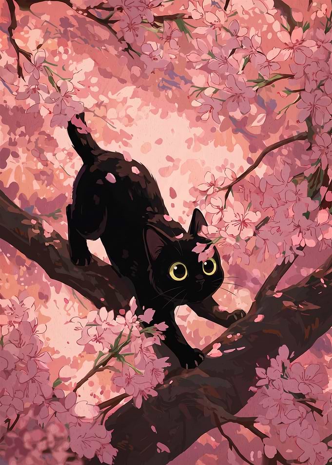 Black Cat in Cherry Blossoms
