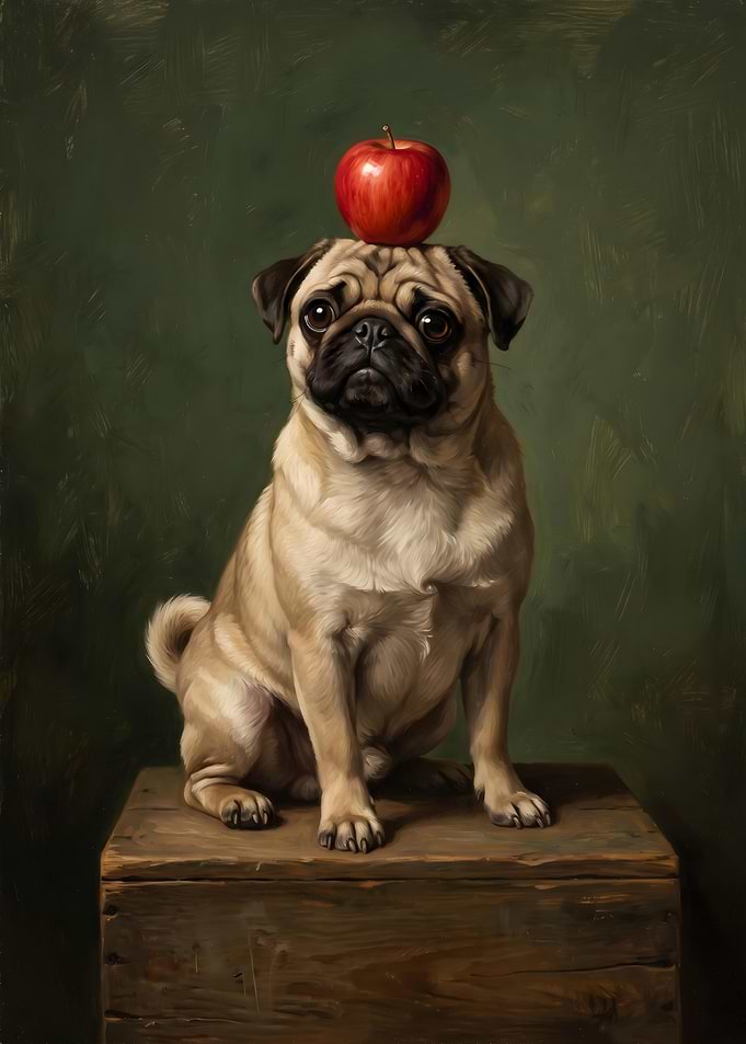Pug with Apple on Head