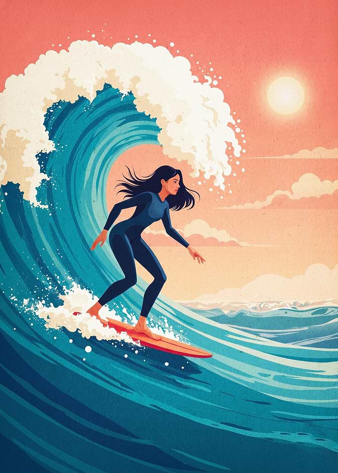 Surfer Wave Sunset Retro Art