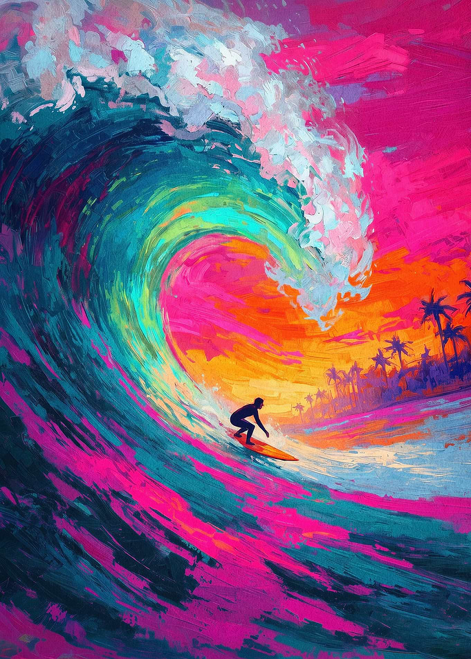 Surfing Wave Sunset Colorful Art