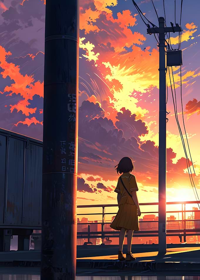 Anime Girl Watching Vibrant Sunset