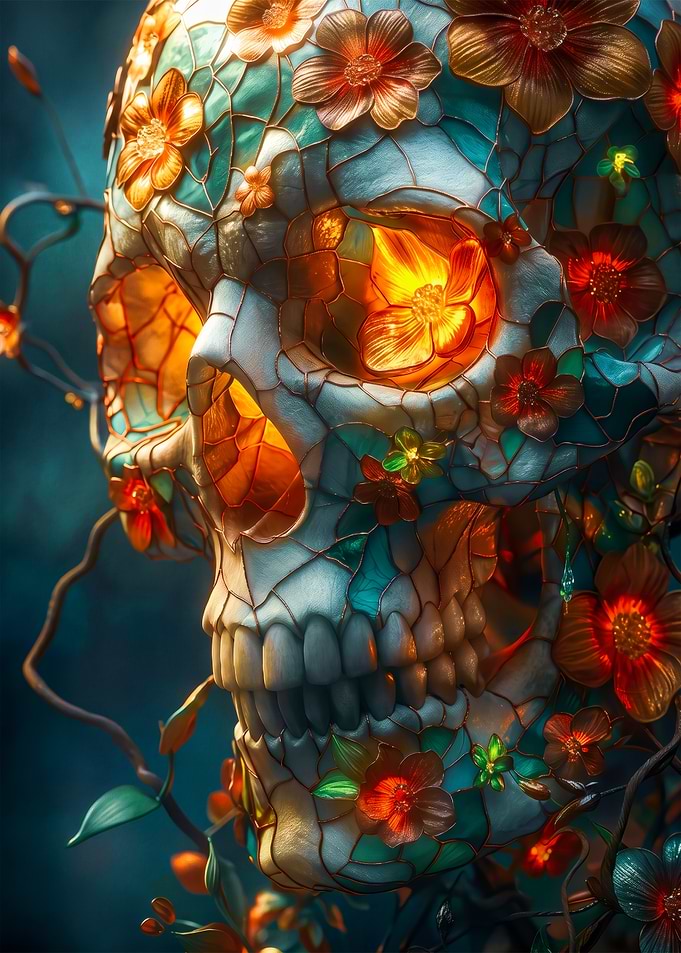 Stained Glass Floral Skull Art