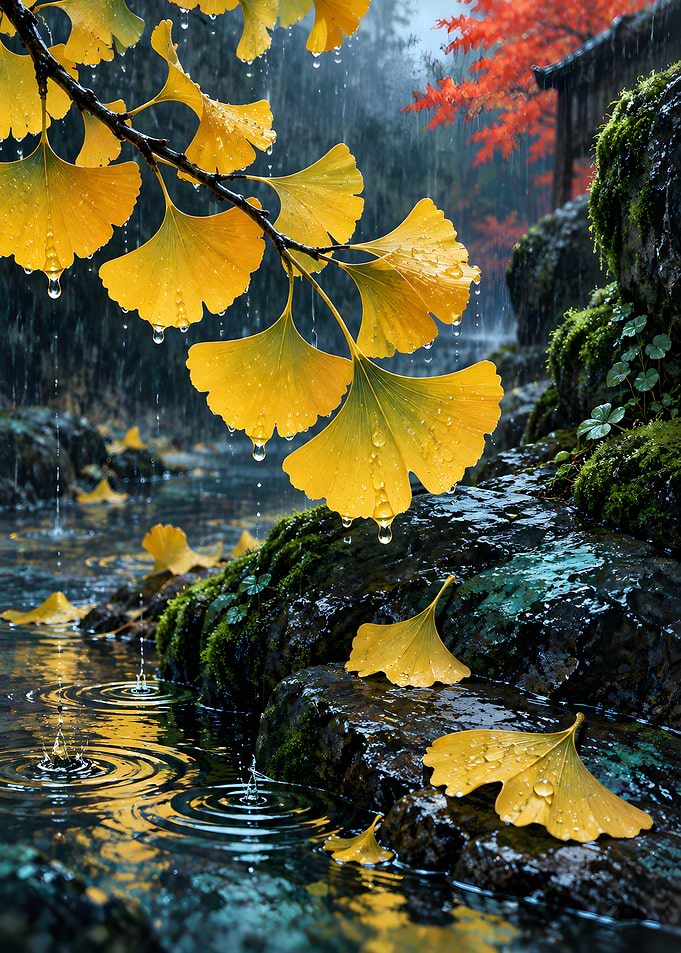 Rainy Autumn Ginkgo Leaves