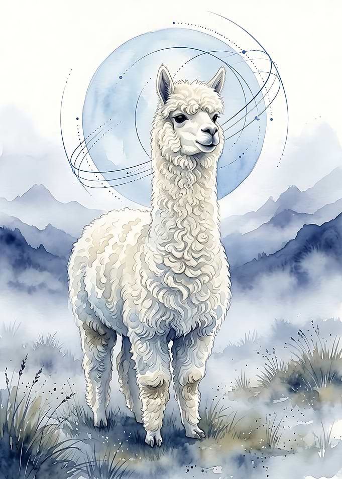 Whimsical Watercolor Llama in Misty Mountains