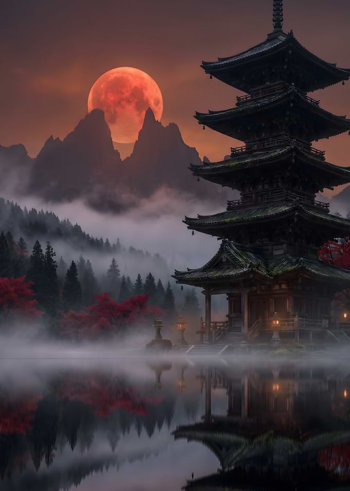 Pagoda by a Misty Lake