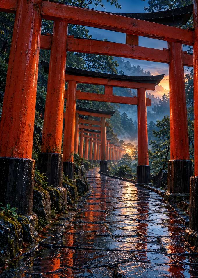 Vibrant Torii Gate Path at Sunset