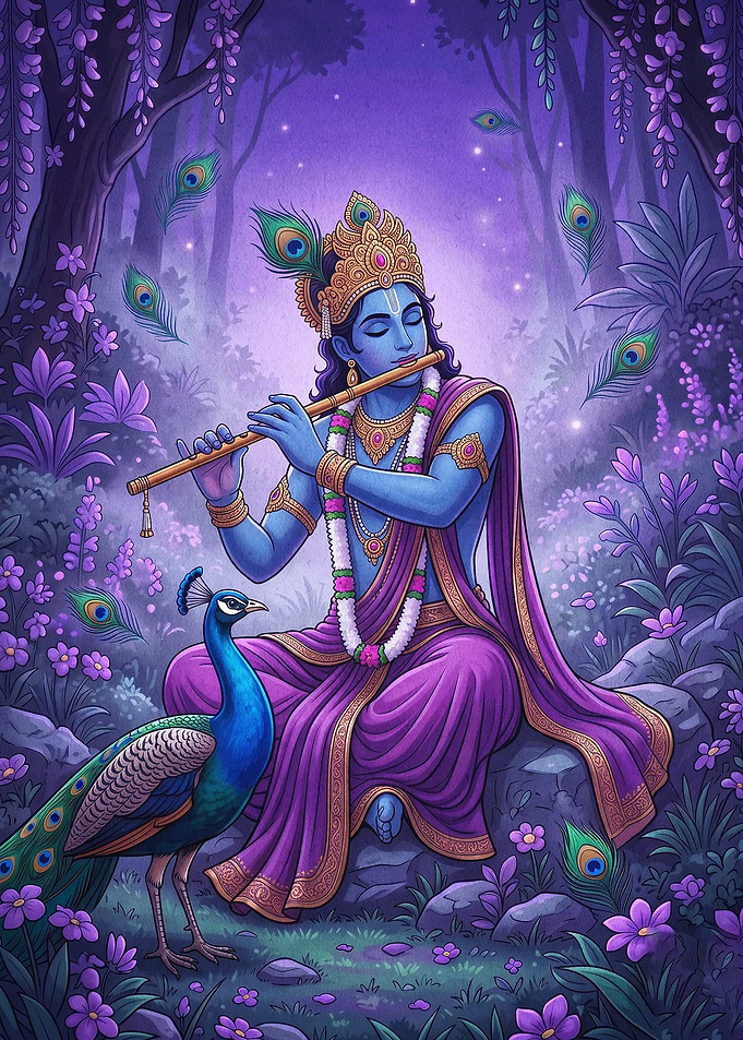 Krishna Flute Peacock Purple Art