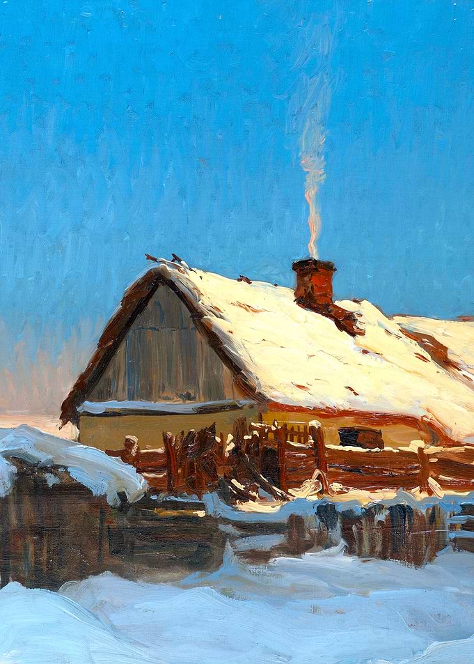 Cottage in the Snow by Michal Gorstkin Winter Landscape Painting