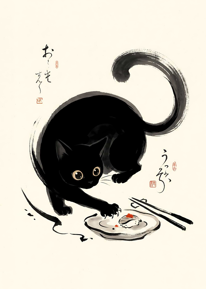 Black Cat Reaching for Sushi