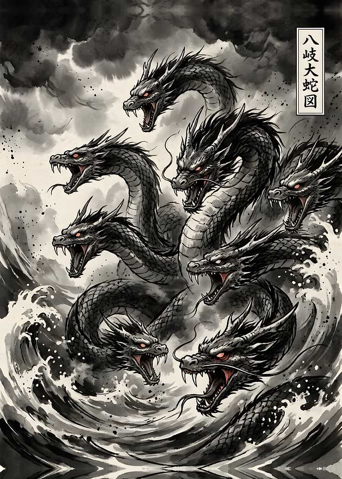 Yamata no Orochi Eight-Headed Serpent – Japanese Ink Wash Art