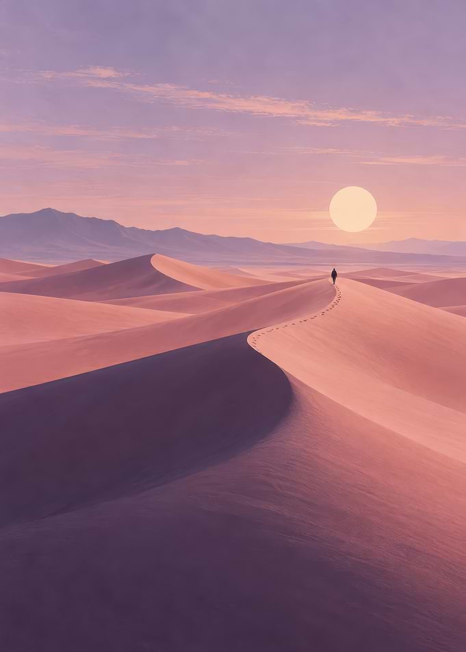 Lone Traveler in Desert Sunset