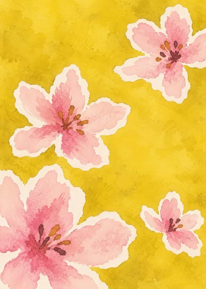 Watercolor Pink Flowers on Yellow Background
