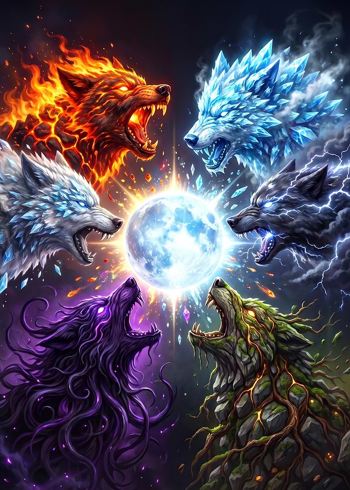 Five Elemental Wolves Surrounding Light