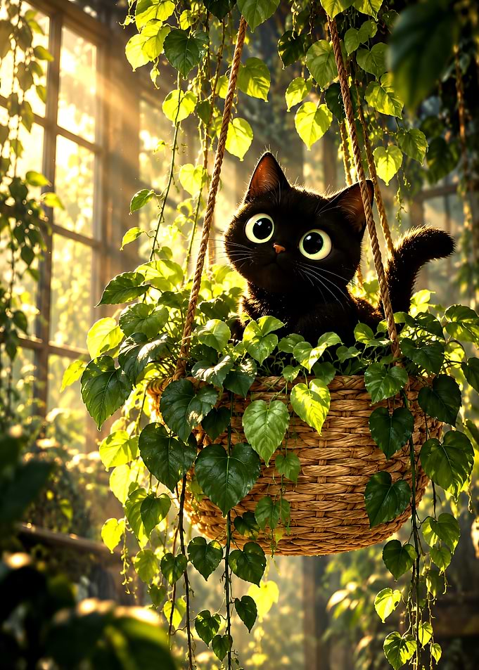 Cute Black Cat in Hanging Basket