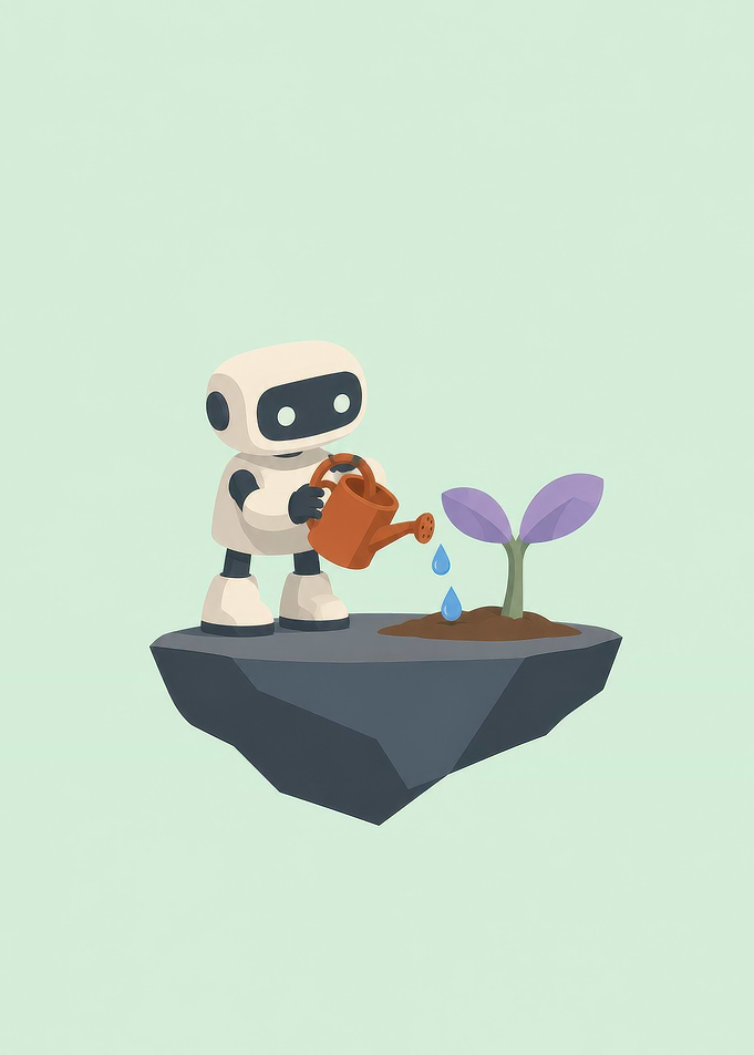 Cute Robot Watering a Plant